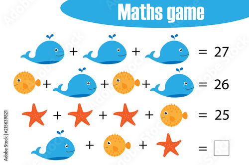 Maths game with pictures  of ocean animals for children, middle level, education game for kids, preschool worksheet activity, task for the development of logical thinking, vector illustration