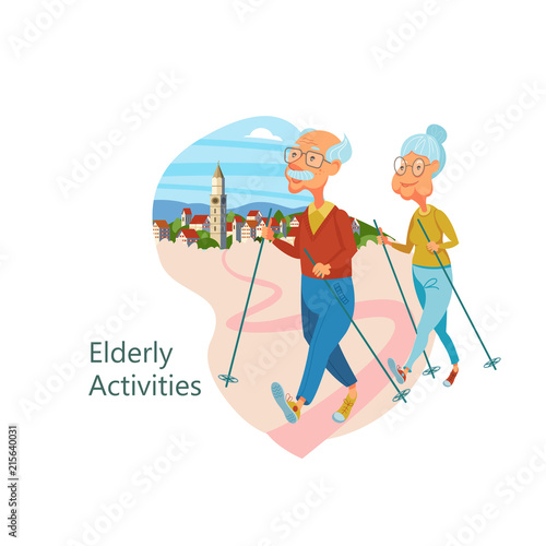 Older people leading an active lifestyle. Old people play sports. Vector illustration.