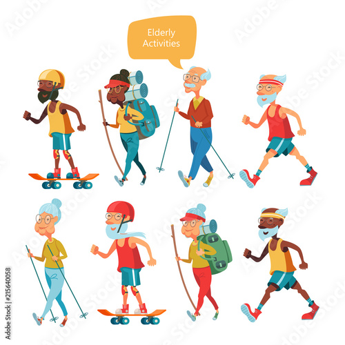 Older people leading an active lifestyle. Old people play sports. Vector illustration.