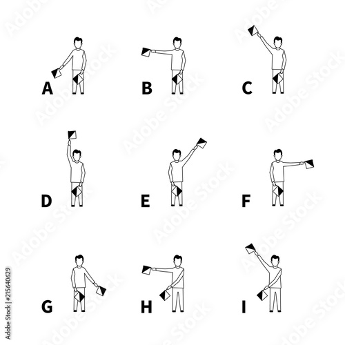 Semaphore signals alphabet, black latin letters on white