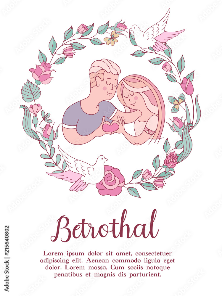 The invitation to the engagement party. Charming vector illustration. Couple in love in a flower frame. The invitation to the engagement party. Charming vector illustration. Couple in love in a flower frame.