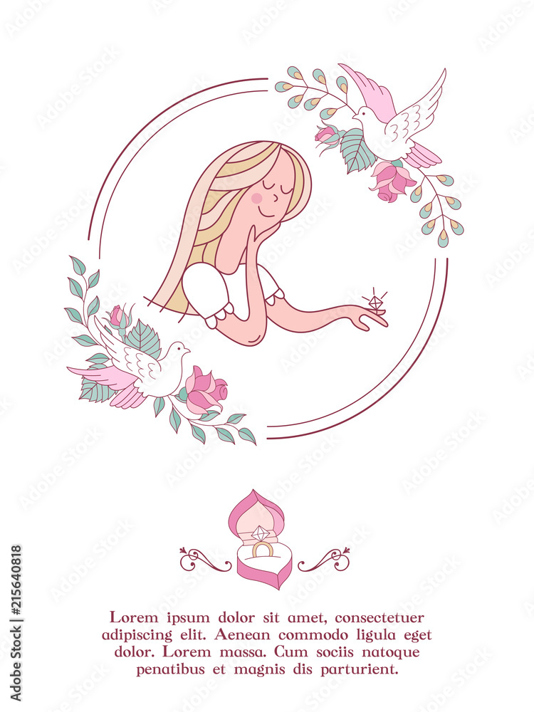 Invitation to the bachelorette party before the wedding. Charming vector illustration. Beautiful girl with a ring on her finger in a flower frame.