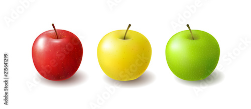 Group of Isolated realistic colored apples. Set of whole juicy fruits with shadow on white background. Red, yellow and green apples.