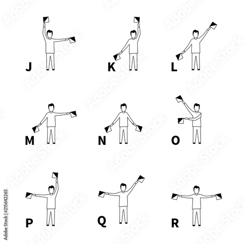 Semaphore signs alphabet, black latin letters on white