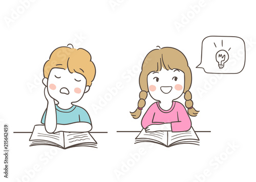 Draw character a girl and a boy to do homework Isolated on white