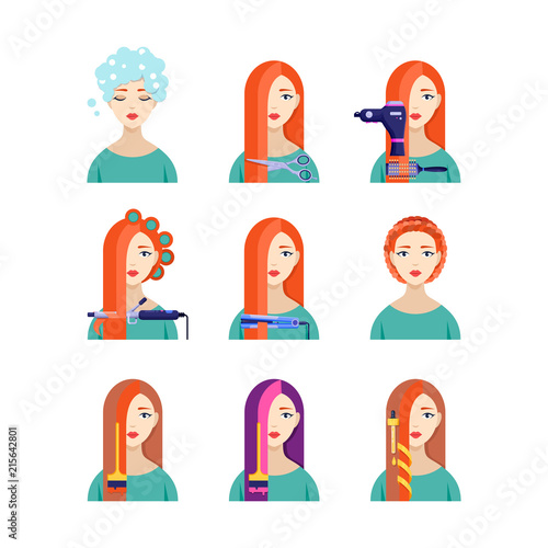 Female hair salon services, vector flat illustration. Beautiful woman in hairdressing. Beauty stylist concept