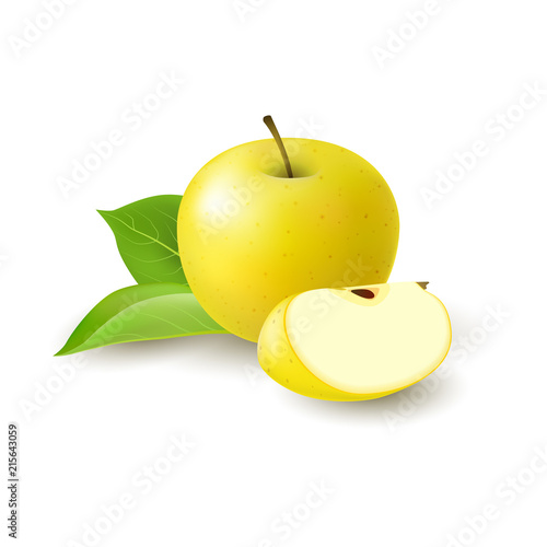 Isolated realistic colored yellow apple slice and whole juicy fruit with green leaves and shadow on white background.