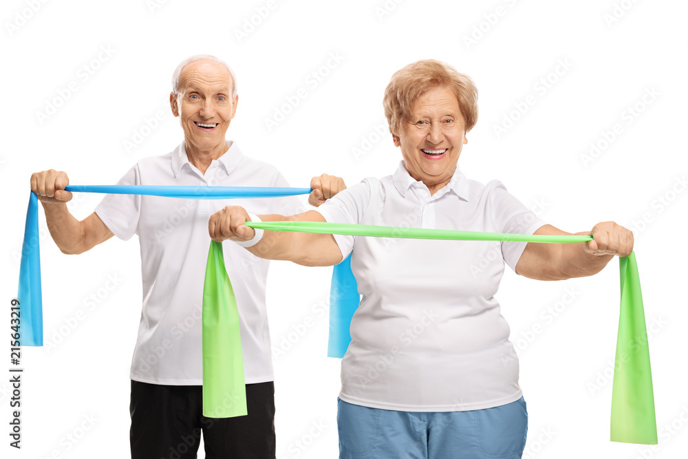 Senior couple exercising with rubber bands