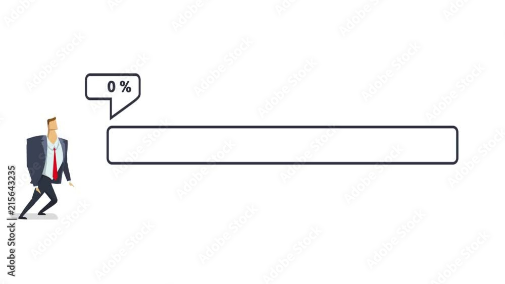 Businessman pushing red loading bar with percent number. Flat animation, isolated on white background. Businessman pushing red loading bar with percent number. Flat animation, isolated on white background.