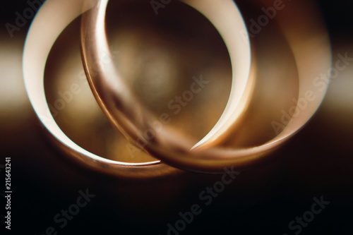 Two golden wedding rings closeup, macro photo of a couple of luxury golden engagement rings on bronze metal background, wedding jewellery