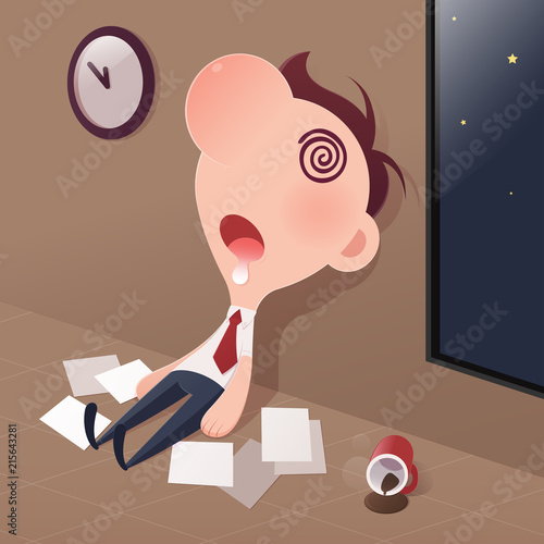 Cartoon businessman tired sleep in the office, Sleep deprivation and overtime working concept, Vector and Illustration.