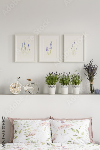 Close-up of pillows with flowers, bike and plants on a shelf and graphics on the wall in a bedroom interior. Real photo