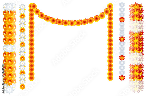 Indian orange flower garland mala frame isolated on white