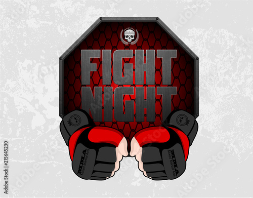 MMA gloves hands octagon stage cage poster. Mixed martial arts fight night banner. Fighting emblem logo element. Boxing decoration illustration. Vector background