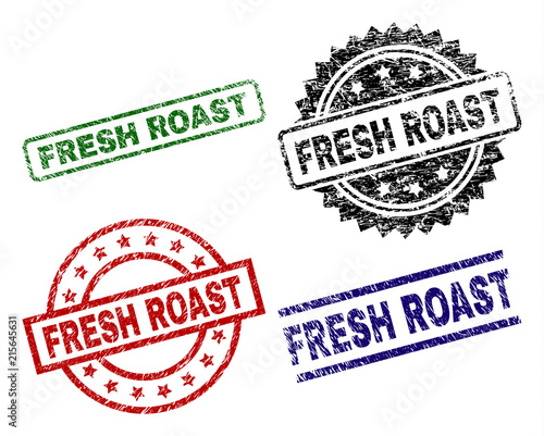 FRESH ROAST seal prints with distress texture. Black, green,red,blue vector rubber prints of FRESH ROAST title with scratched texture. Rubber seals with circle, rectangle, rosette shapes.