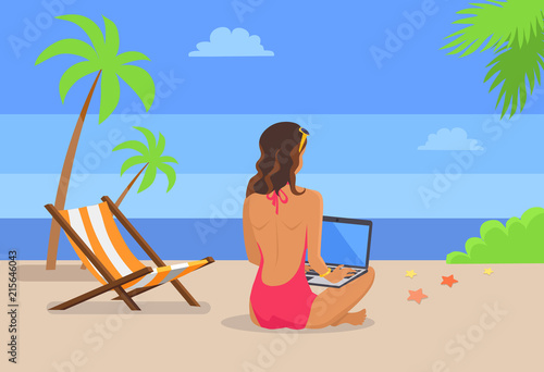 Girl-Freelancer Works on Laptop at Tropical Beach