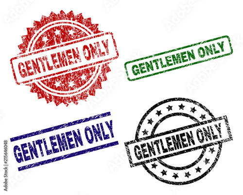 GENTLEMEN ONLY seal prints with corroded surface. Black, green,red,blue vector rubber prints of GENTLEMEN ONLY tag with unclean surface. Rubber seals with circle, rectangle, rosette shapes.