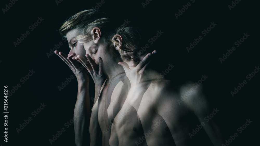 be silent. Don't speak. Young beautiful naked guy covers mouth with his hands. Multiple exposure. Creative emotional man portrait. - obrazy, fototapety, plakaty 