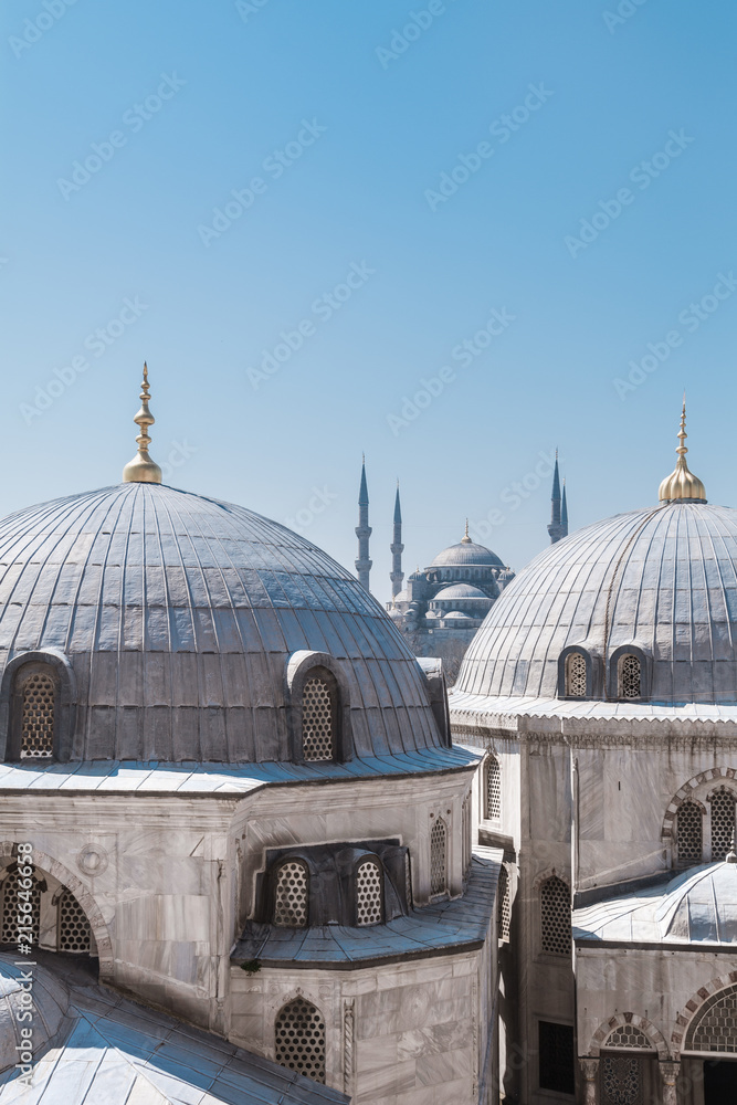 Famous Blue Mosque (Sultanahmet Camii) with domes of Hagia Sophia in foreground, view from Hagia Sophia's window, The old town of Istanbul, Turkey