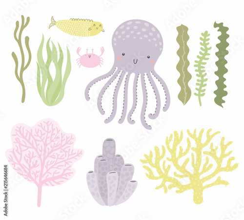 Sea set with cute funny octopus, crab, fish, corals, seaweed. Isolated objects on white background. Hand drawn vector illustration. Scandinavian style flat design. Concept for children print.