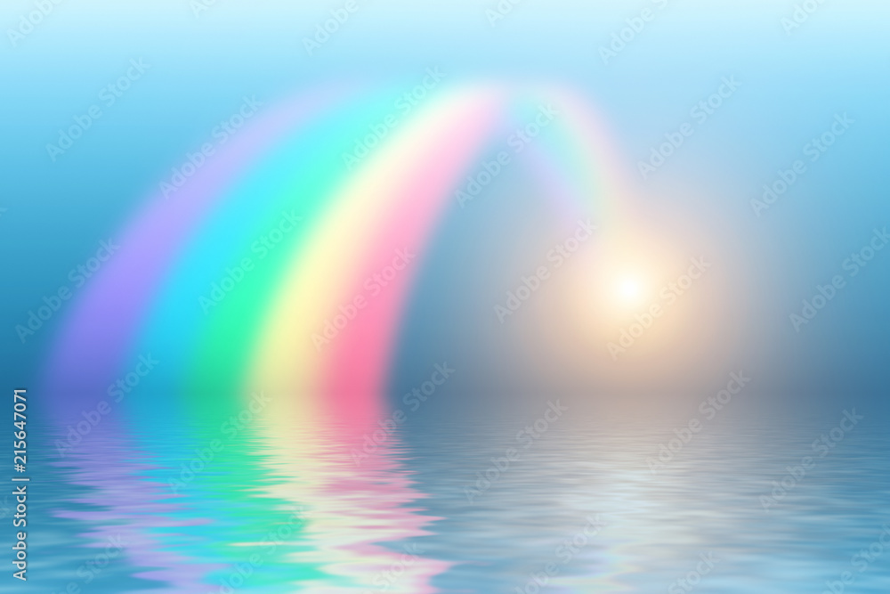 Rainbow and sun reflecting in water surface.