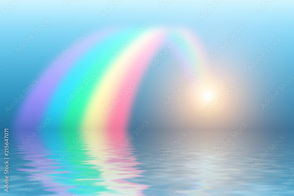 Rainbow and sun reflecting in water surface. Rainbow and sun reflecting in water surface.