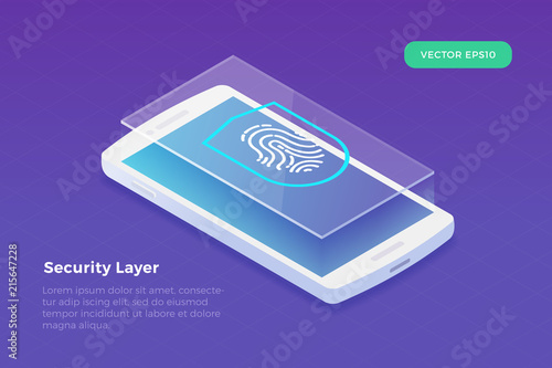 Isometric smartphone with security layer on the top with shield and fingerprint icon layered vector illustration