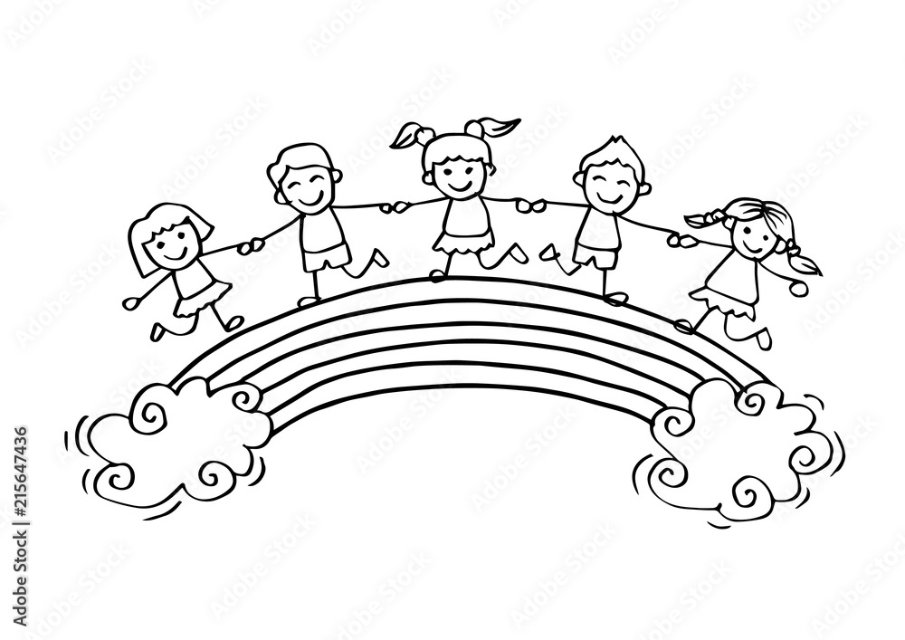 Cartoon happy kids on the rainbow. Stock Illustration | Adobe Stock