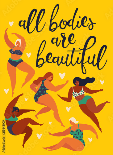All bodies are beautiful Body positive. Happy girls are dancing. Attractive overweight woman. Vector illustration.