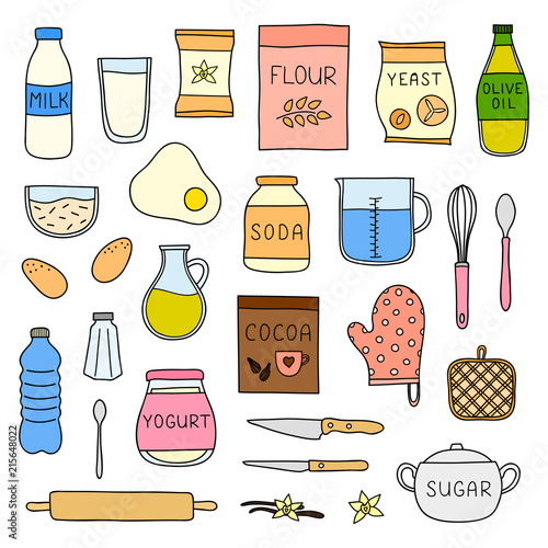 Set of doodle cooking, baking ingredients.