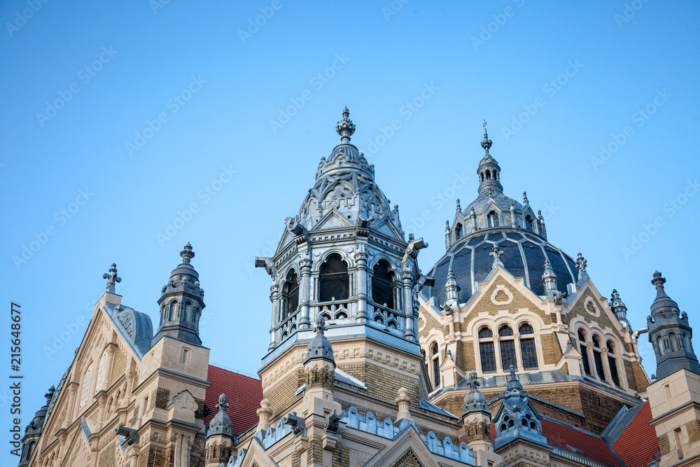 Detail on the roof and dome of Szeged synagogue  during the end of the afternoon. Designed by Lipot Baumhorn, it is a symbol of the Central European judaism and a landmark of Szeged
