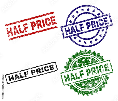 HALF PRICE seal prints with corroded style. Black, green,red,blue vector rubber prints of HALF PRICE tag with dust style. Rubber seals with circle, rectangle, medal shapes.