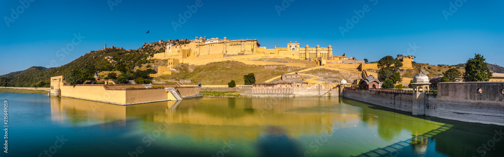 Panoramic view of Amber Palace (Amer Fort) with Jaigarh Fort on the hill, The structure built with Hindu and Muslim elements, it's also offering elephant rides, North of Jaipur, Amer, Rajasthan, India