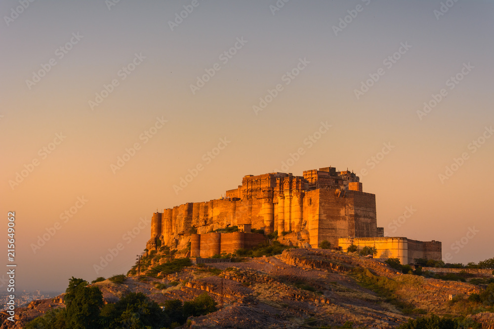 Sunrise view of Mehrangarh Fort, one of India's largest forts offers a lift and galleries, plus guided tours & shops from Jodhpur the Blue City, Rajasthan, India