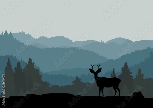 Hills covered with forest silhouettes, deers on a valley forest, nature wildlife scene