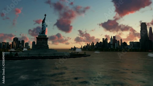 Liberty Statue at Ellis Island with New York skyline and vessels, time lapse