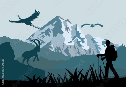 Tourist walking silouettes, forest nature silhouette in background, hills covered with forest