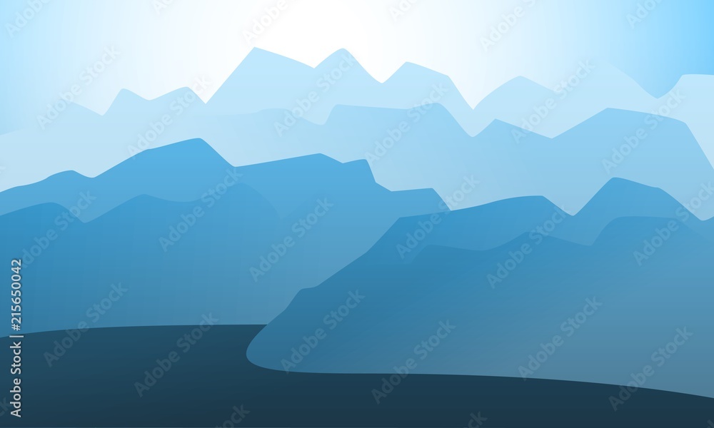 Vector landscape mountain peak horizon travel illustration background. Vacation and extreme outdoor sport recreation morning or night day time painting concept design.