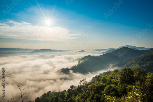 Sunrise and the mist in winter morning