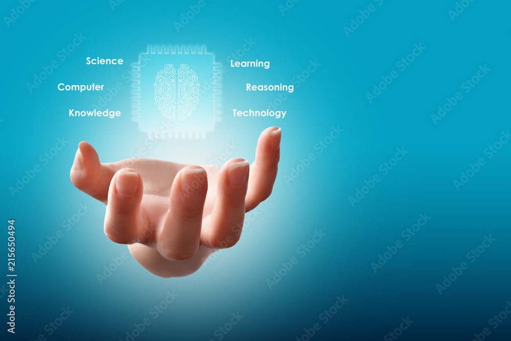 Artificial intelligence concept (AI), hand holding digital brain inside chip, surrounded with conceptual text messages on blue background with free space Artificial intelligence concept (AI), hand holding digital brain inside chip, surrounded with conceptual text messages on blue background with free space