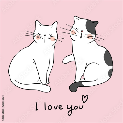 Draw couple love cats and word I love you on pink Stock Vector