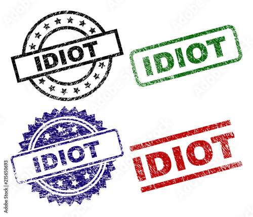 IDIOT seal prints with corroded texture. Black, green,red,blue vector rubber prints of IDIOT tag with corroded texture. Rubber seals with round, rectangle, medallion shapes.