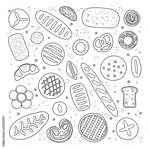 Set of hand drawn bread and pastries.