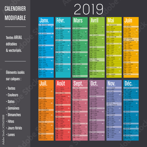 Calendrier 2019 modifiable (éléments isolés sur calques, textes en ARIAL éditables et vectorisés)