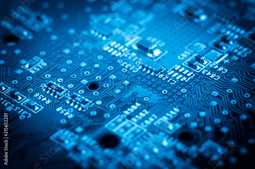 computer electronic microcircuits. macro. blue