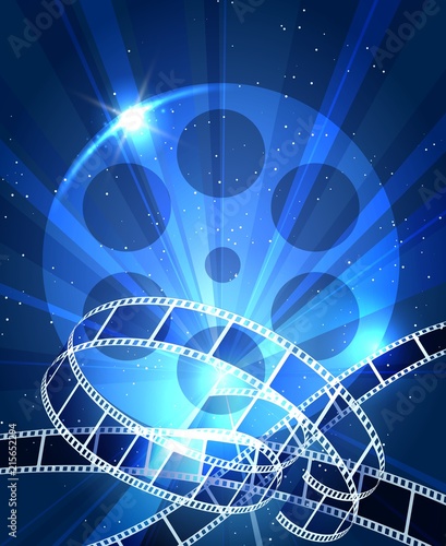 Vintage filmstrip poster. Movie festival blue background with film strip roll vector illustration