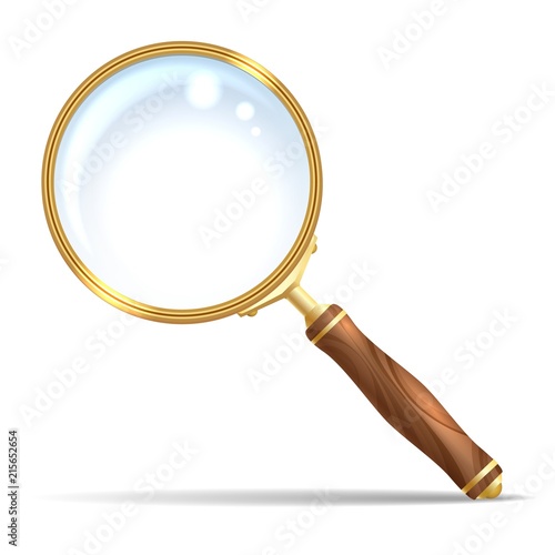 Retro magnifying glass. Vintage cartoon magnifier lupe, old antique magnifying lens isolated on white background, vector illustration
