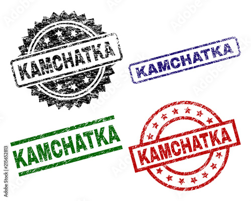 KAMCHATKA seal prints with corroded style. Black, green,red,blue vector rubber prints of KAMCHATKA title with unclean texture. Rubber seals with circle, rectangle, medal shapes.