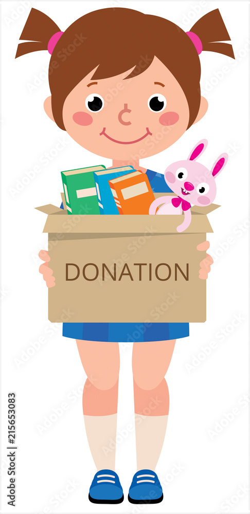 Vector illustration girl child holding a toy box for donations Vector illustration girl child holding a toy box for donations