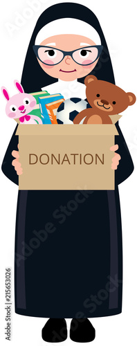 Christian nun holding a box of donations with toys and books vector cartoon illustration